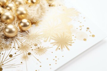 Fototapeta na wymiar Christmas card with glittery gold decoration isolated on white background. Generative AI