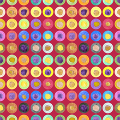Seamless pattern of multicolored dots. Hand drawn illustration. Hand painted elements on Viva Magenta background.