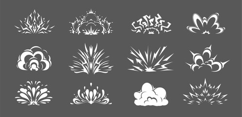 Cartoon bomb explosion, comic clouds and boom blast effects, vector explosive icons. Bombs explode clouds or TNT dynamite detonation bangs with shot trails, pop puffs and burst crack clouds