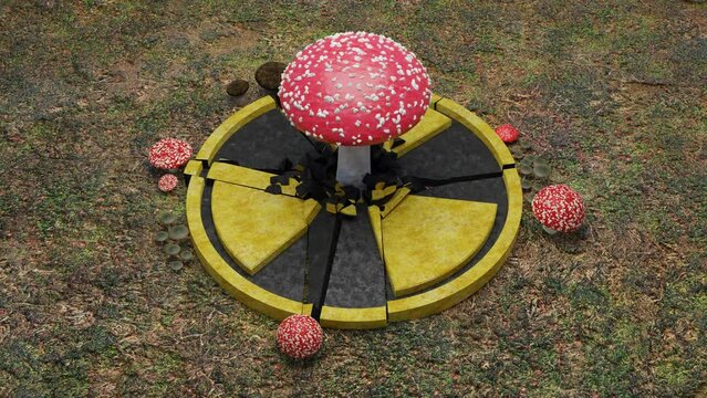 Loop 3d animation of a destroyed radiation sign in a clearing with grass. A mushroom fly agaric has grown in the center. A nuclear mushroom. The idea of atomic war and radiation contamination