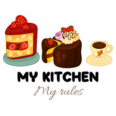 Delicious desserts, pastries, cupcakes, and chocolate slices. Set of colorful cartoon vector illustrations isolated on white background.