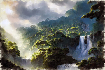Modern expressive oil painting of high mountain tropical landscape with scenic waterfall among lush rain forest thicket. My own digital art illustration of secluded tranquil place.