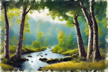 Picturesque bright woodland landscape with calm forest river flow among scenic birch grove at tranquil summer day. My own digital art painting illustration.