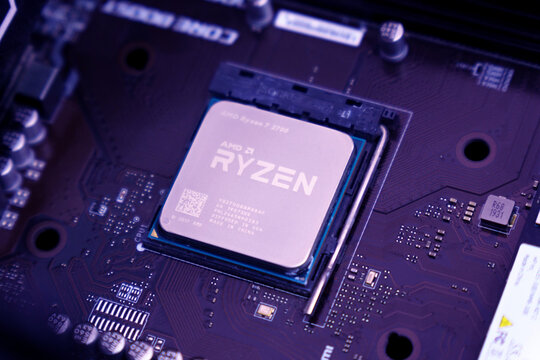 Tyumen, Russia-May 03, 2023: AMD Ryzen 7 2700 Series desktop processor. Selective focus