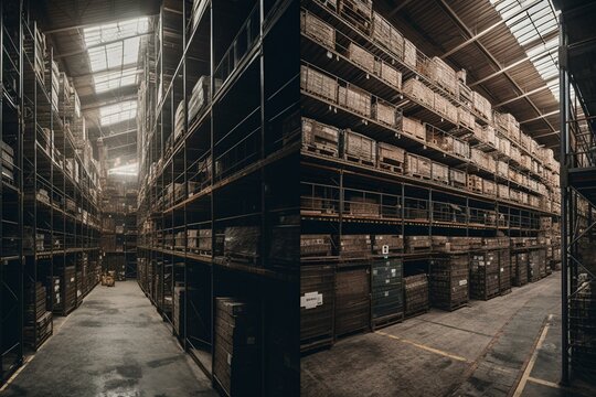 Panoramic view of a large warehouse with shelves. Generative AI
