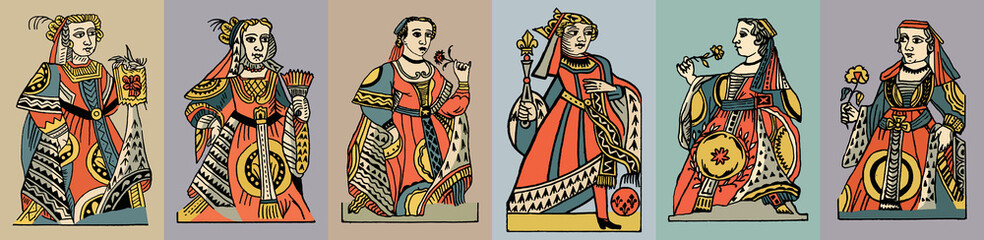 Set of vector illustrations of medieval characters in pop art style.