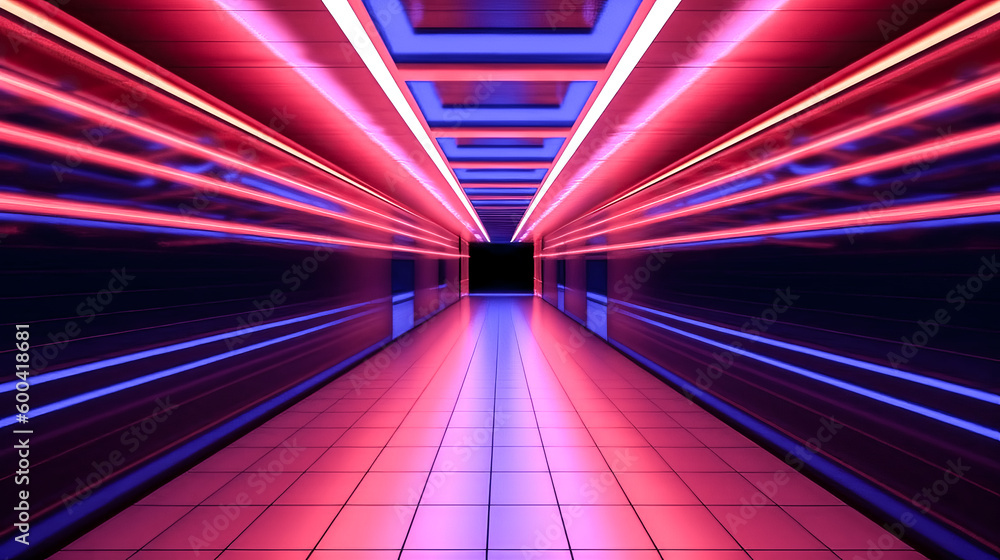 Poster an illuminated corridor tunnel was red and blue with neon light - generative ai.
