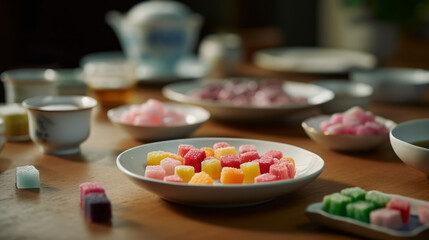 Obraz na płótnie Canvas Higashi - small, dry, colorful sweets often served with tea. Generative AI Art Illustration