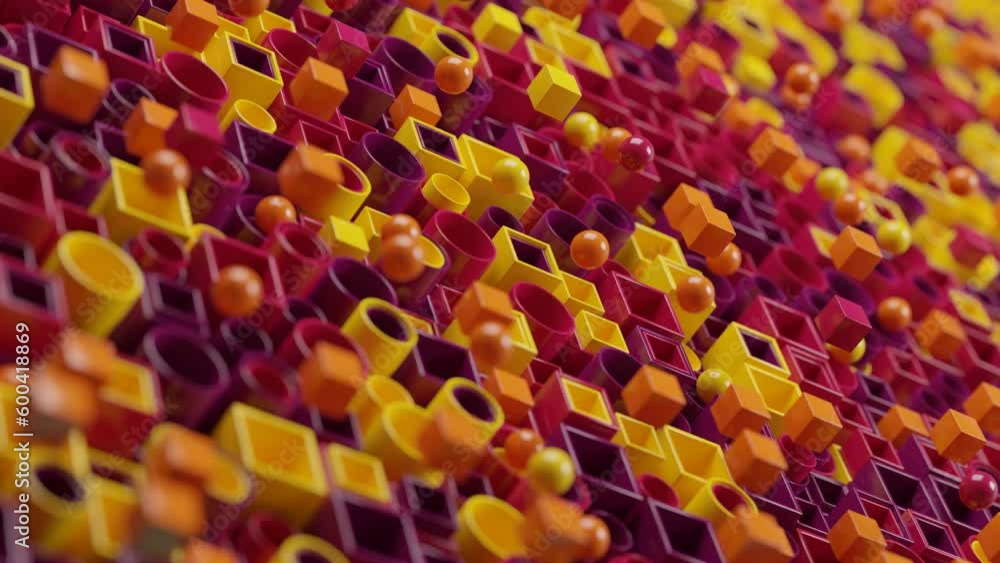 Poster loop 3d animation of an abstract background from a variety of pipes. cubes and spheres fly out and c