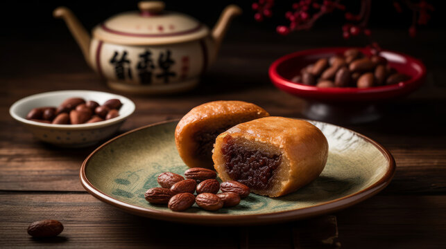 Kintsuba - fried sweet bean cake filled with sweet red bean paste. Generative AI Art Illustration