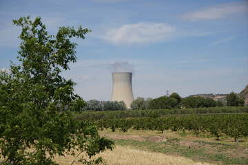 Nuclear power plant on the Rio Ebro in Spain with a cooling tower in a nice landscape