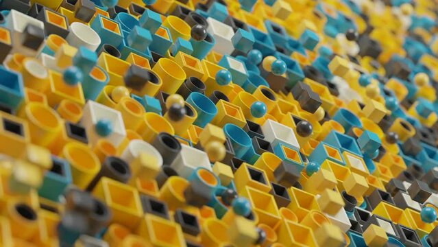 Loop 3d animation of an abstract background from a variety of round and square pipes from which balls and cubes fly out. Geometric desktop background.