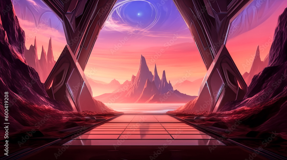 Poster a panoramic background of a futuristic landscape was created - generative ai.