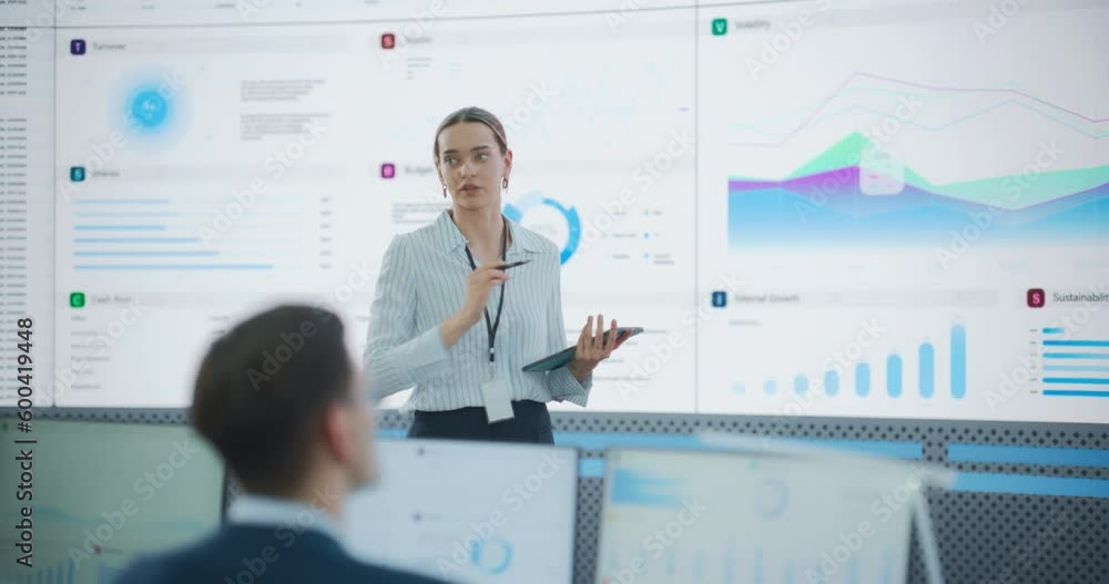 Aufkleber Female Project Manager With Tablet Computer Is Giving Presentation To Diverse Employees In Front of Big Digital Screen In Monitoring Room. Team Of Data Scientists Listening To New Objectives, Tasks.