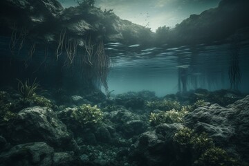 A dark underwater landscape with rough terrain. Generative AI