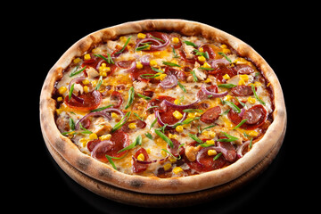 Hot Pizza with Pepperoni, chicken meat, onion corn, mazzarella cheese and sausage isolated on black background. High quality photo