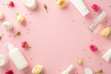 Soft and gentle natural skincare with a top view flat lay of exquisite cream bottles, pump bottles,...