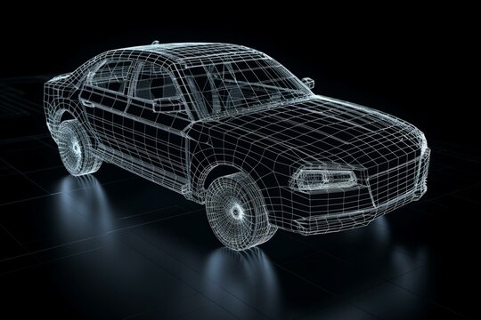 Augmented reality car wireframe with black background. Realistic design during development. Generative AI