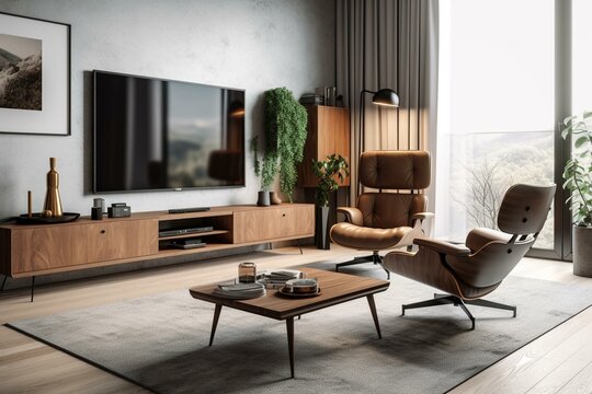 Modern living room with TV cabinet, armchair, and white wall background. Rendered in 3D. Generative AI