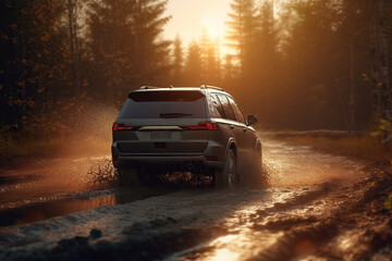 Fototapeta na wymiar A black SUV car at speed driving into a puddle with mud on a woodland road on sunset, ai generative