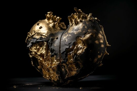 Charred heart with gold paint on dark bg. Generative AI