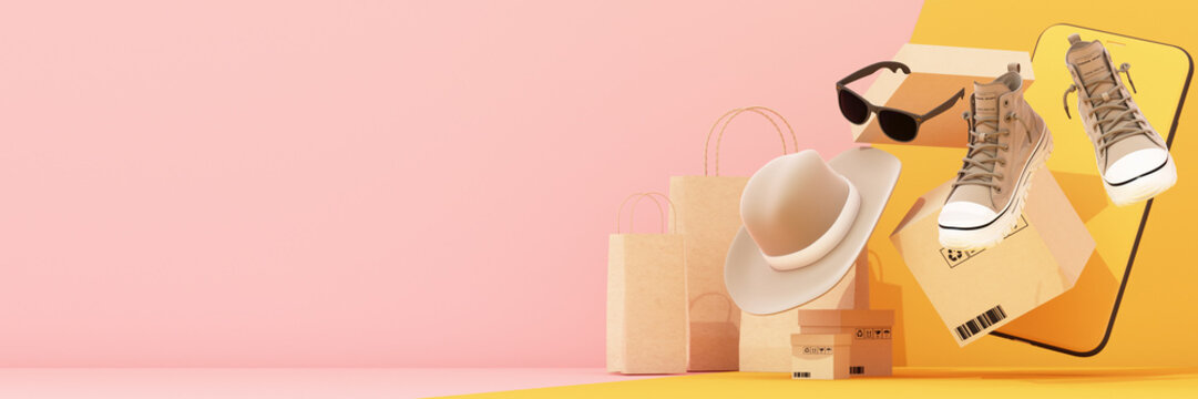 online shopping concept on the stand for product presentation surrounded by shopping bags and boxes and smartphone, sneakers, hats and sunglasses for men on a pastel yellow background. 3d rendering