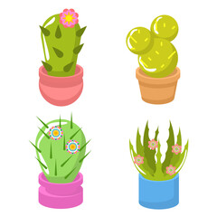Set Abstract Collection Flat Cartoon  Different Color Cactus In Pots Indoor Garden Houseplants Flora Concept Vector Design Style Elements With Shadows
