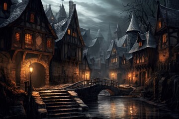 Medieval fantasy village, gothic architecture. Beautiful illustration picture. Generative AI