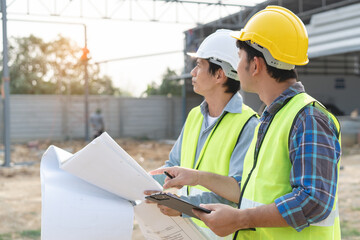 Builder engineer and supervisor consultant inspection job plan  concept, Asian contractor and foreman looking blueprint in computer laptop and checking process plan of factory warehouse construction