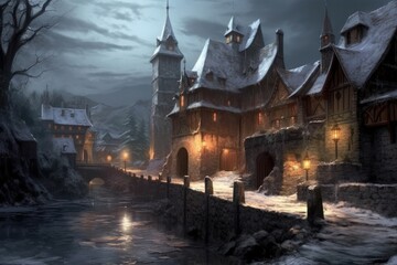 Obraz premium Winter season. Medieval fantasy village, gothic architecture. Beautiful illustration picture. Generative AI