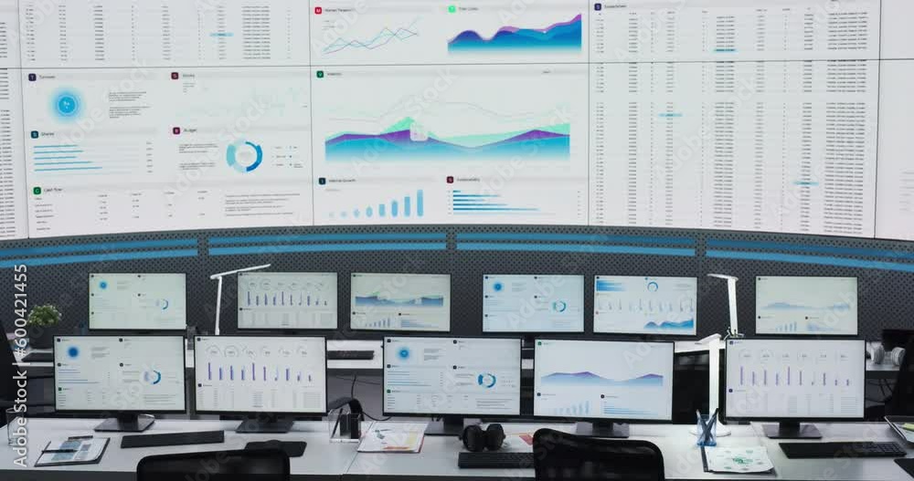 Poster Empty Modern Monitoring Office With Big Digital Screen And Working Places of Employees With Desktop Computers and Monitors. Graphs And Charts Showing Financial Data And Reports Of Consulting Company.