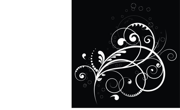 A black and white image of a floral design with a swirly design.