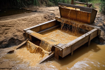 Gold Mining Sluice Box, Waterbased Separation Technique. Generative AI