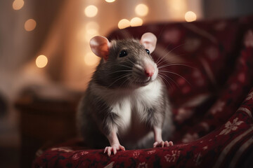 Rat Wearing Christmas Sweater, Sitting On Cozy Armchair In Front Of Decorated Tree. Generative AI