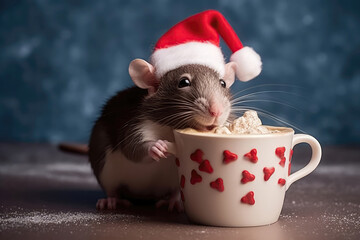 Rat Wearing Santa Hat And Holding Hot Cocoa Mug With Marshmallows. Generative AI