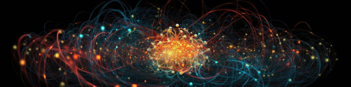 Atomic Nucleus, Subatomic Particles, Quantum Mechanics Visualization. Panorama. Generative AI