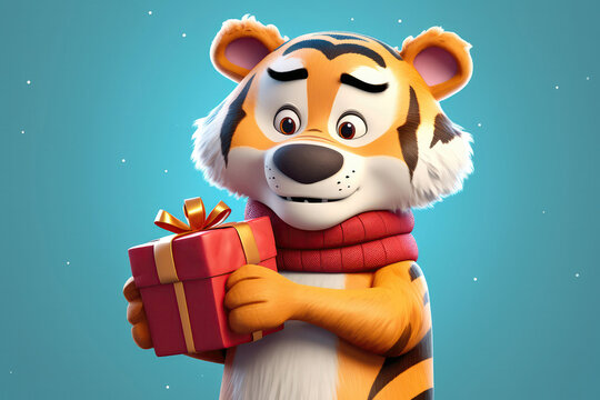 Cartoon Tiger Wearing Santa Hat And Holding Christmas Present In Its Paws. Generative AI