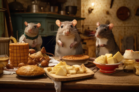 Rat Family Gathered Around Christmas Dinner Table, With Festive Foods. Generative AI
