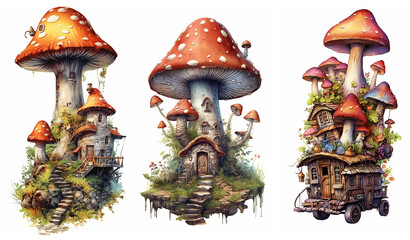 Watercolour fantasy Boletus Toadstool mushroom house. Greeting cards and envelopes artwork project set 9.