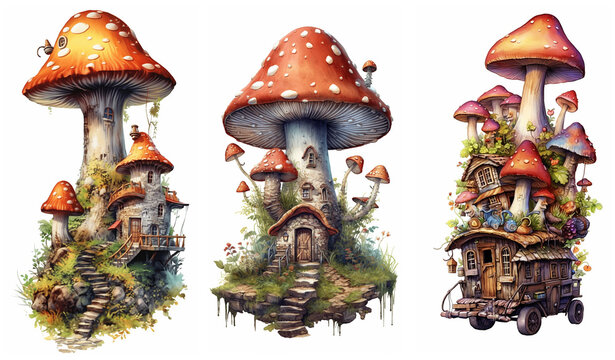 Watercolour fantasy Boletus Toadstool mushroom house. Greeting cards and envelopes artwork project set 9.