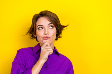 Photo portrait of attractive young woman touch chin empty space wear trendy violet smart casual...