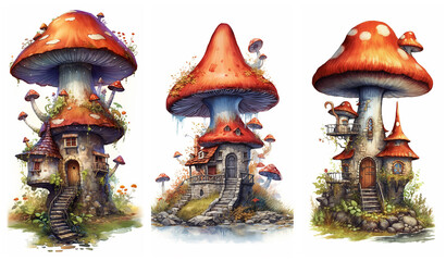 Watercolour fantasy Boletus Toadstool mushroom house. Greeting cards and envelopes artwork project set 1.