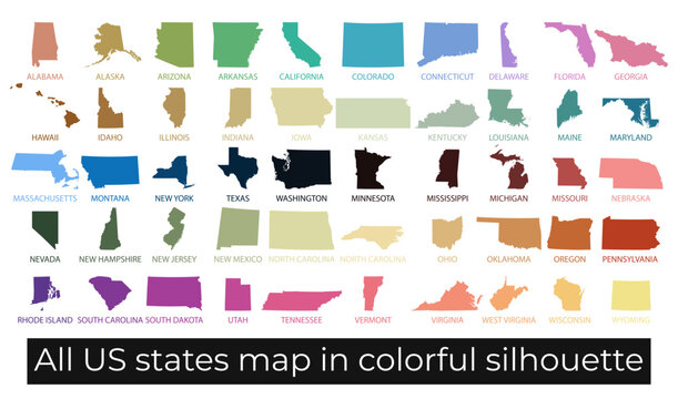 Colorful Vector Silhouette Map of All 50 States in the USA