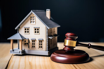 Judge auction and real estate concept. Gavel justice hammer and house model. Law, taxes and profits to invest in real estate and home buying. Concept of legal education. Generative AI
