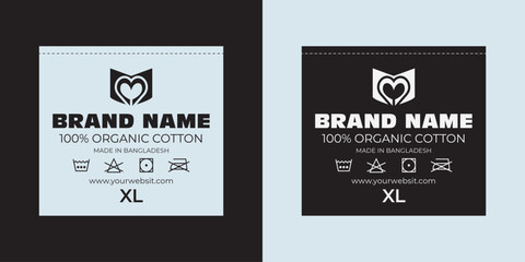 A Visionary Approach to Clothing Neck Label Tag Design with Logo and Laundry Symbols.