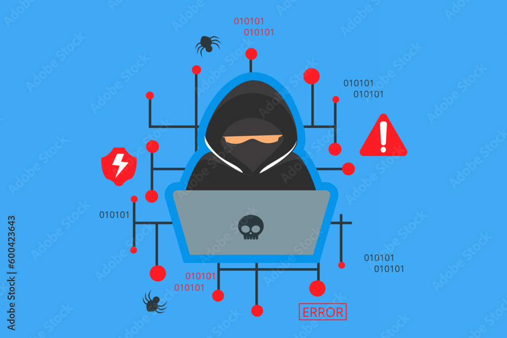 Poster Hacker with laptop in a flat design. Security hacking spy. Fraud hacker