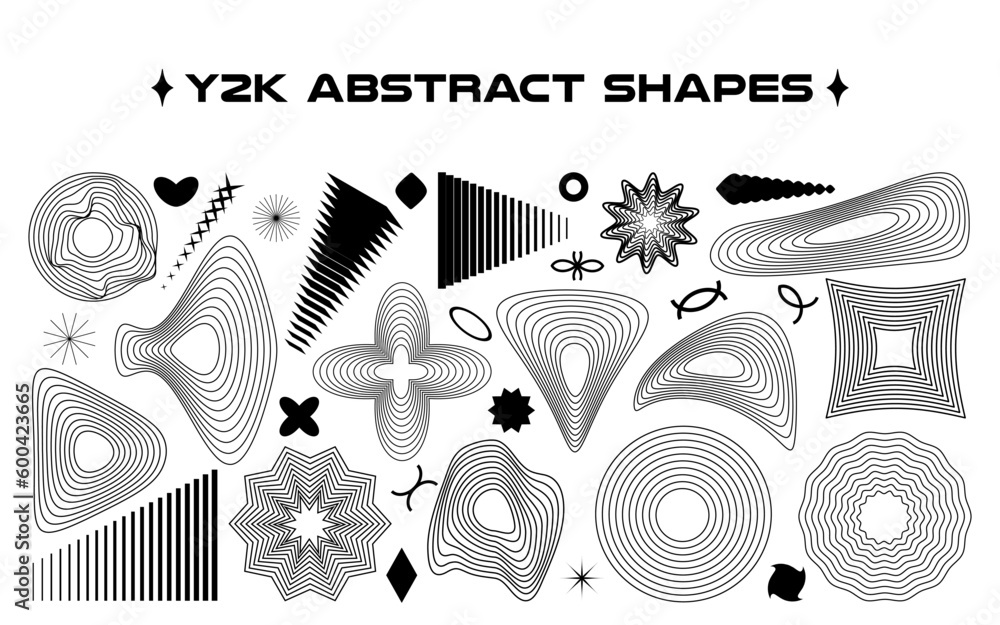 Aufkleber Abstract aesthetic y2k geometric isolated elements and wireframe shapes.  Black line vector illustration on transparent background.