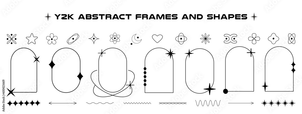 Aufkleber Set of abstract aesthetic y2k linear frames, geometric shapes and elements. Black and white retro line design elements. Vector illustration for social networks or posters. EPS 10
