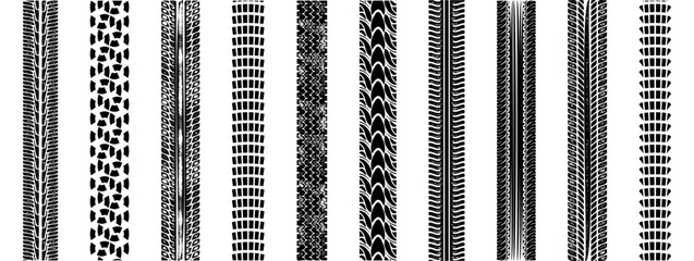 Set of black wheel tire imprint. Grunge vehicle print collection