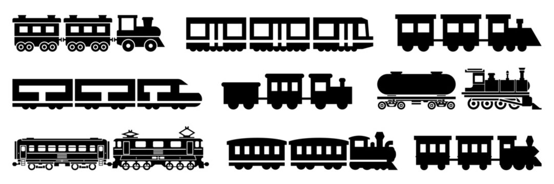 Freight train with locomotive, passenger train icons collection. Black silhouette of freight trains collection. Set of railway transport